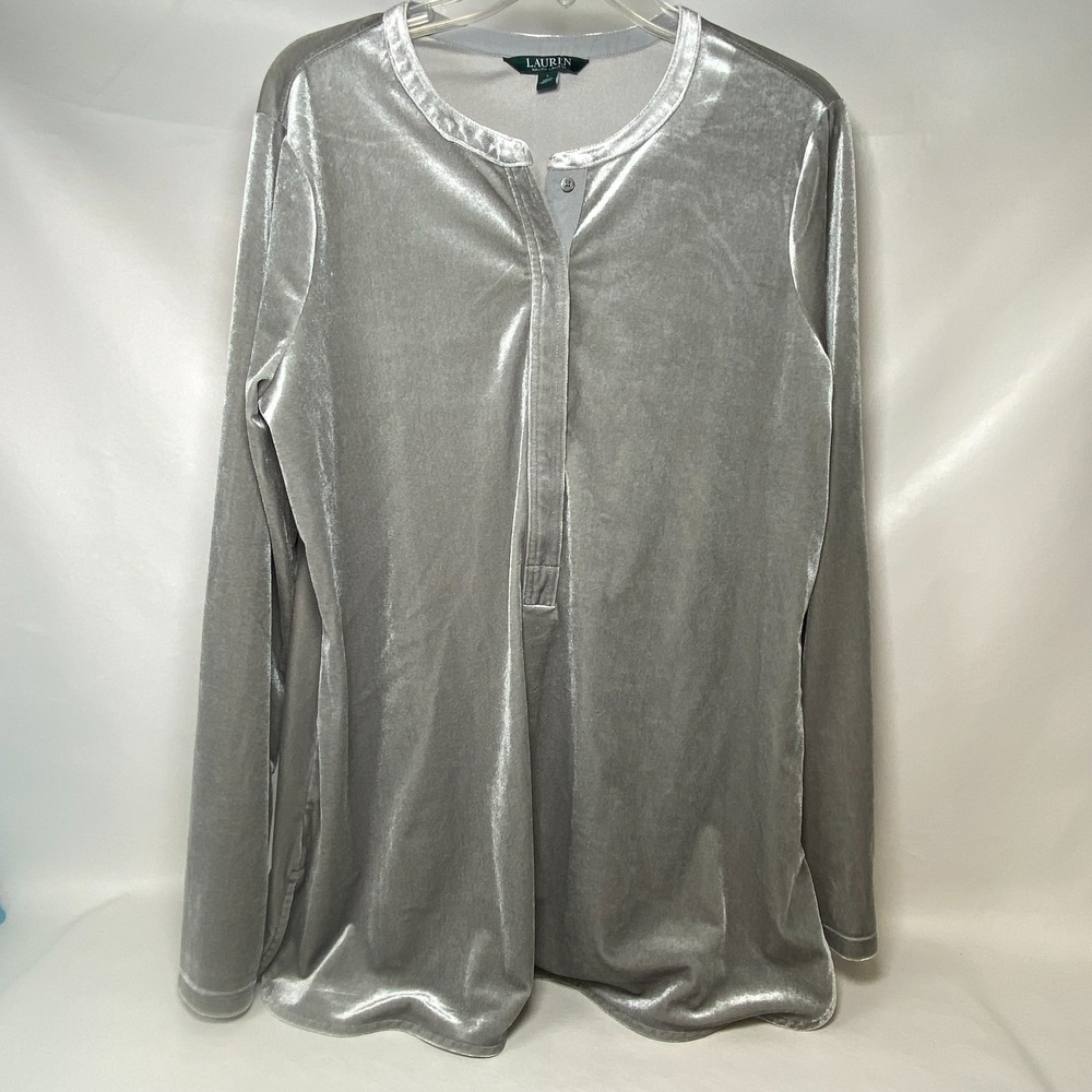Ralph‎ Lauren Silver Gray Velvet Tunic Holiday Collection Size L Stretch Henley